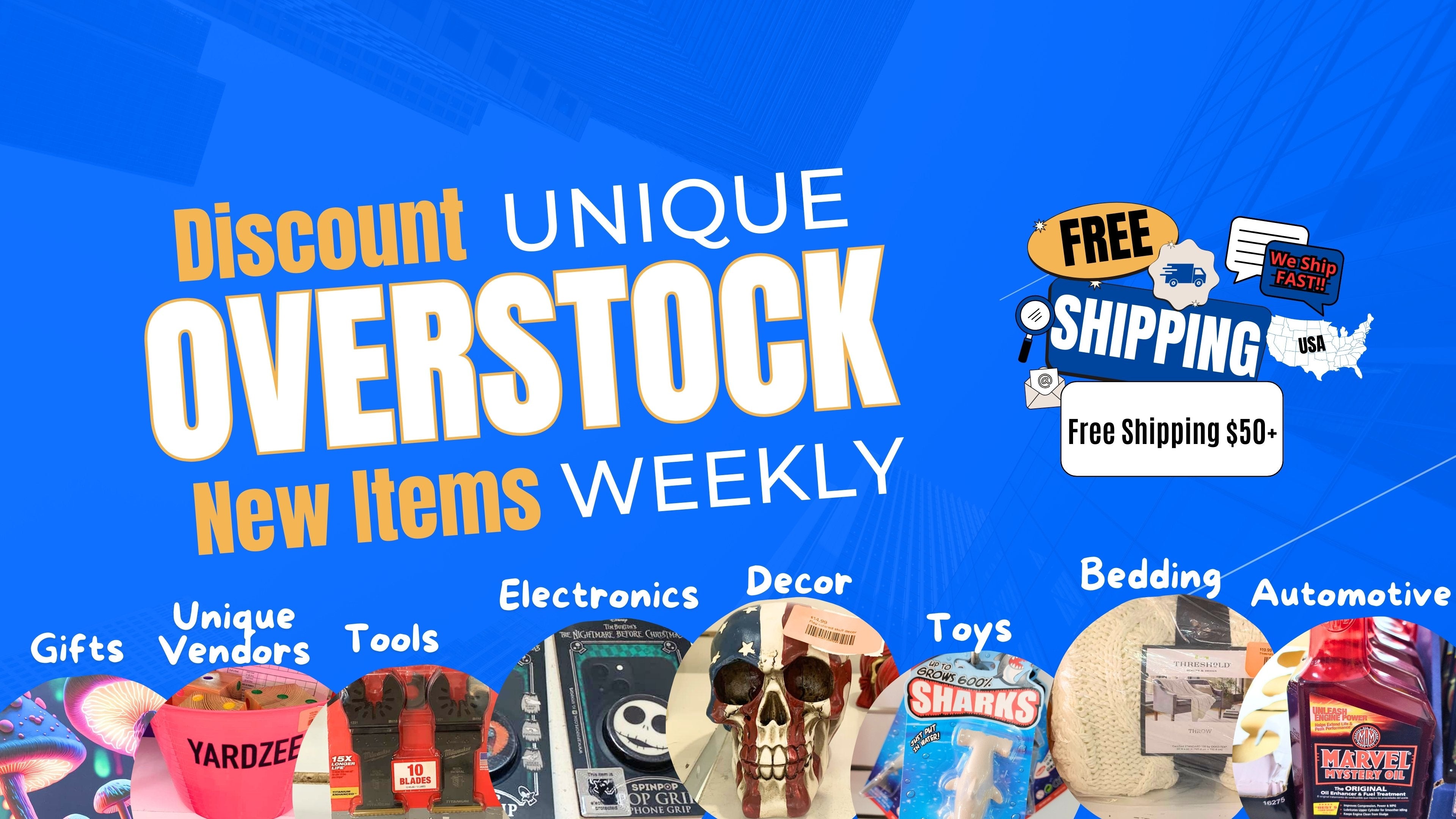 Banner with several retail categories listed. the text says "discount unique overstock new items weekly"