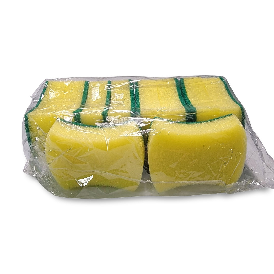 An 18-pack of green and yellow rectangular kitchen sponges in plastic wrap.