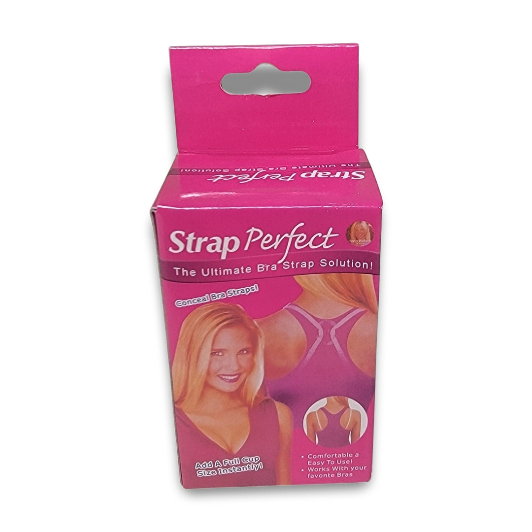 A pink box of "Strap Perfect - The Ultimate Bra Strap Solution!" features images of a woman using the product.