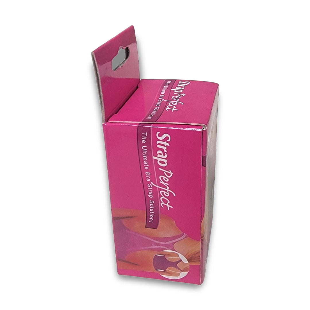 A pink box shows "Strap Perfect - The Ultimate Bra Strap Solution!" with an image of someone in a top hiding bra straps.