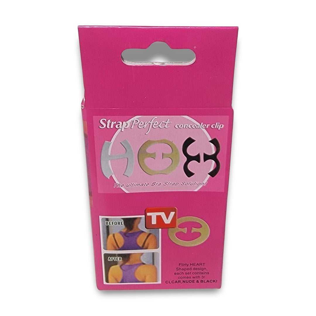 Pink packaging for "Strap Perfect - The Ultimate Bra Strap Solution!" includes heart-shaped clips in clear, nude, and black. Box features before and after images.