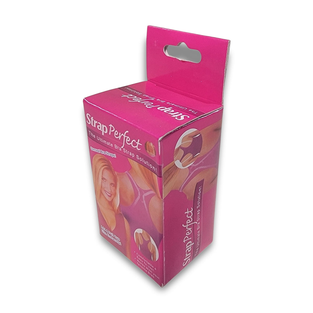 Pink box packaging for Strap Perfect - The Ultimate Bra Strap Solution! Includes product images and a woman demonstrating the product.