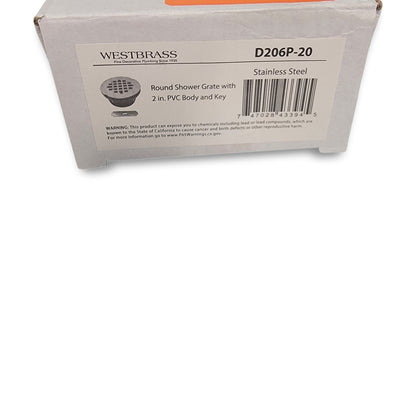 Box labeled "Westbrass d206p-20 PVC Compression Shower Drain," Westbrass brand, stainless steel.