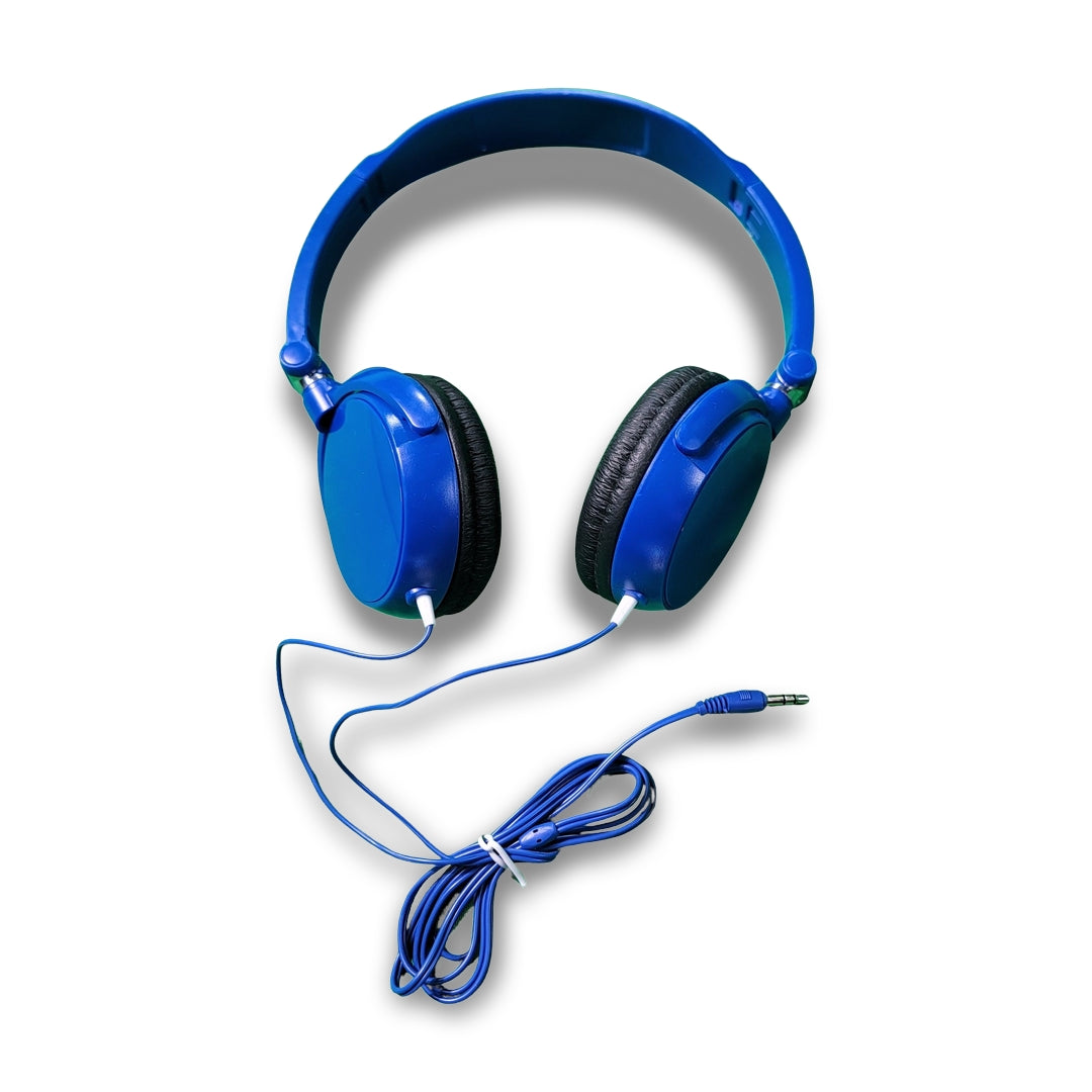 Blue crown headphones, featuring a wired connection and a 3.5mm audio jack, shown on a white background.
