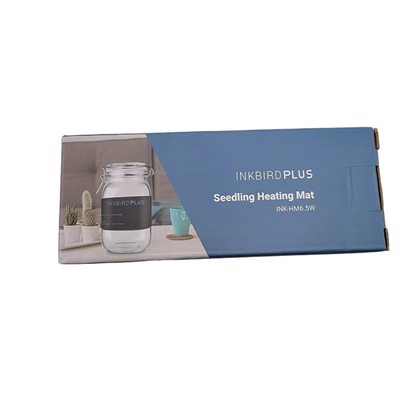The box for the Inkbird seedling heat mat, model INK-HM6.5W, features an energy-efficient design with a sleek blue theme and product image.